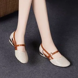 2025 Summer new Korean low-heeled hollow sandals spell color shallow mouth female round head sandals hole shoes