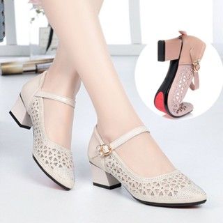 Sandals female 2025 new high-heeled sandals mesh hollow thick heeled sandals breathable soft bottom medium heeled pointed toe mother shoes
