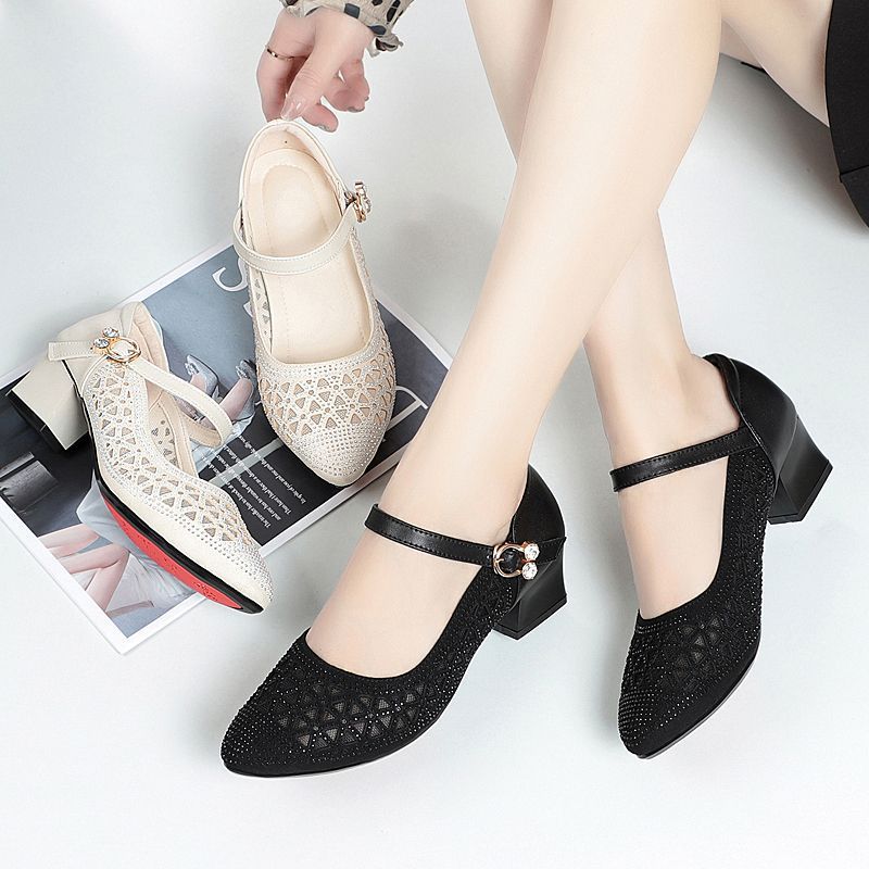 Sandals female 2025 new high-heeled sandals mesh hollow thick heeled sandals breathable soft bottom medium heeled pointed toe mother shoes
