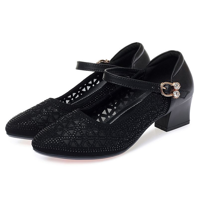 Sandals female 2025 new high-heeled sandals mesh hollow thick heeled sandals breathable soft bottom medium heeled pointed toe mother shoes