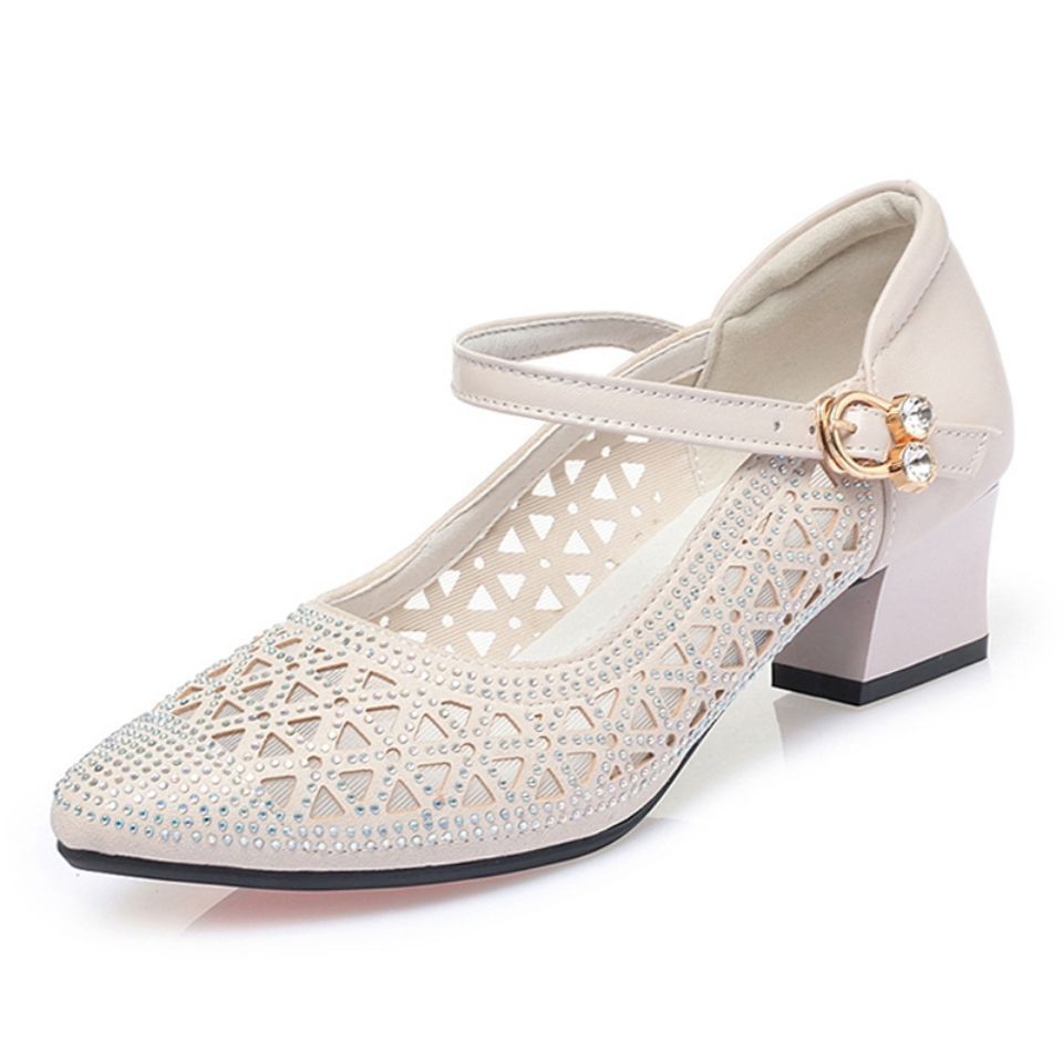 Sandals female 2025 new high-heeled sandals mesh hollow thick heeled sandals breathable soft bottom medium heeled pointed toe mother shoes