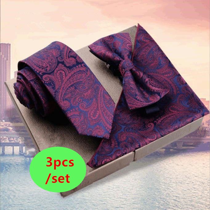 Tie Bowtie Pocket Scarf 3 Piece Professional Business Men's Embroidered Tie Set