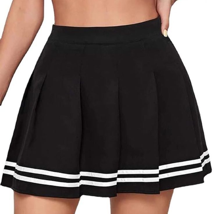 Black tennis skirt with white stripes and inbuilt innerware