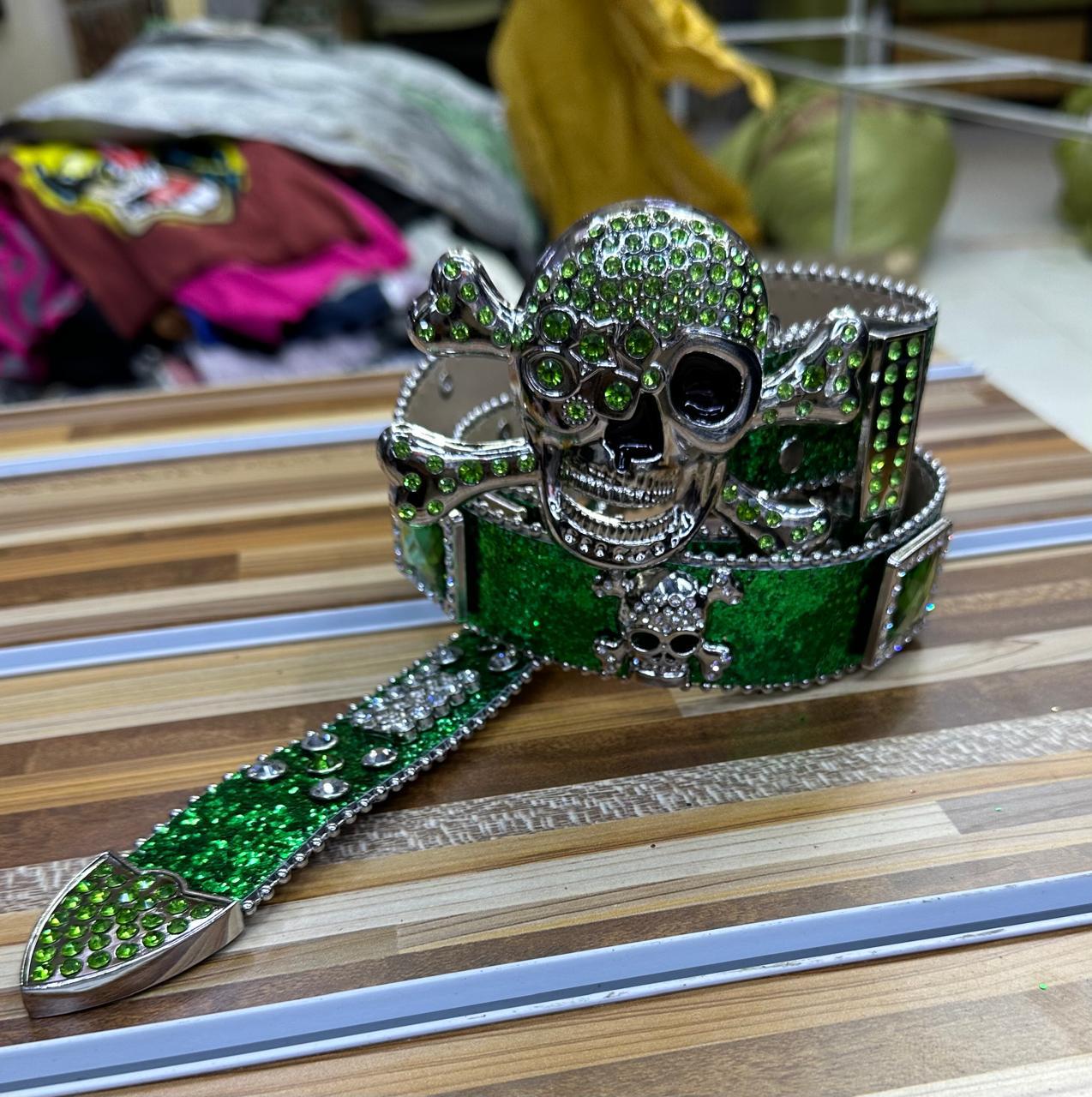 Green Skull Studded Bling bling Belt