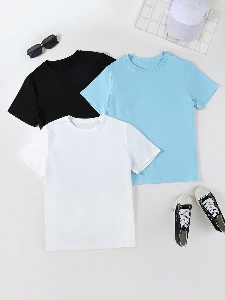 3 Kids’ Classic Cotton T-Shirts 3  colours Black, Blue & White