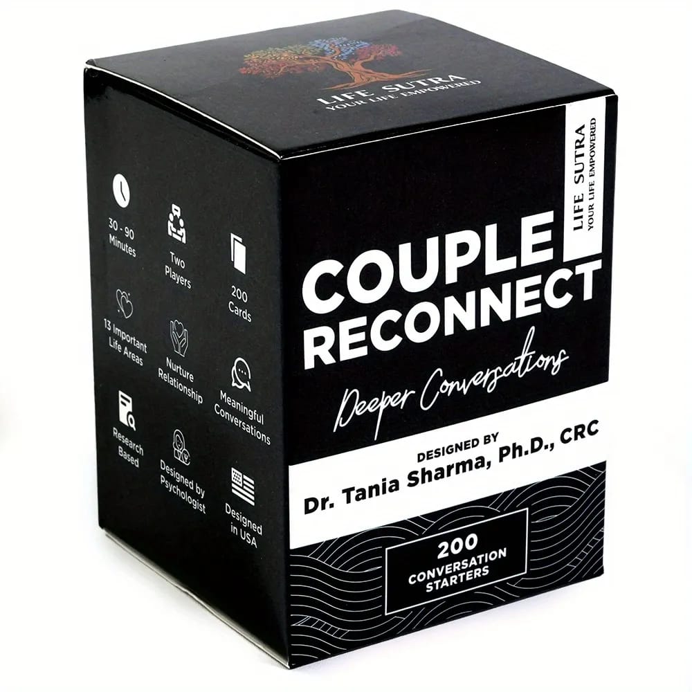 Couple Reconnect" by Life Sutra, which is a card game designed to facilitate deeper conversations and strengthen relationships. 
It is a card game for two players, typically lasting 30-90 minutes. 
Th