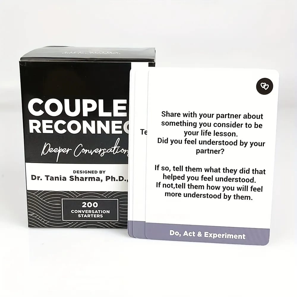 Couple Reconnect" by Life Sutra, which is a card game designed to facilitate deeper conversations and strengthen relationships. 
It is a card game for two players, typically lasting 30-90 minutes. 
Th