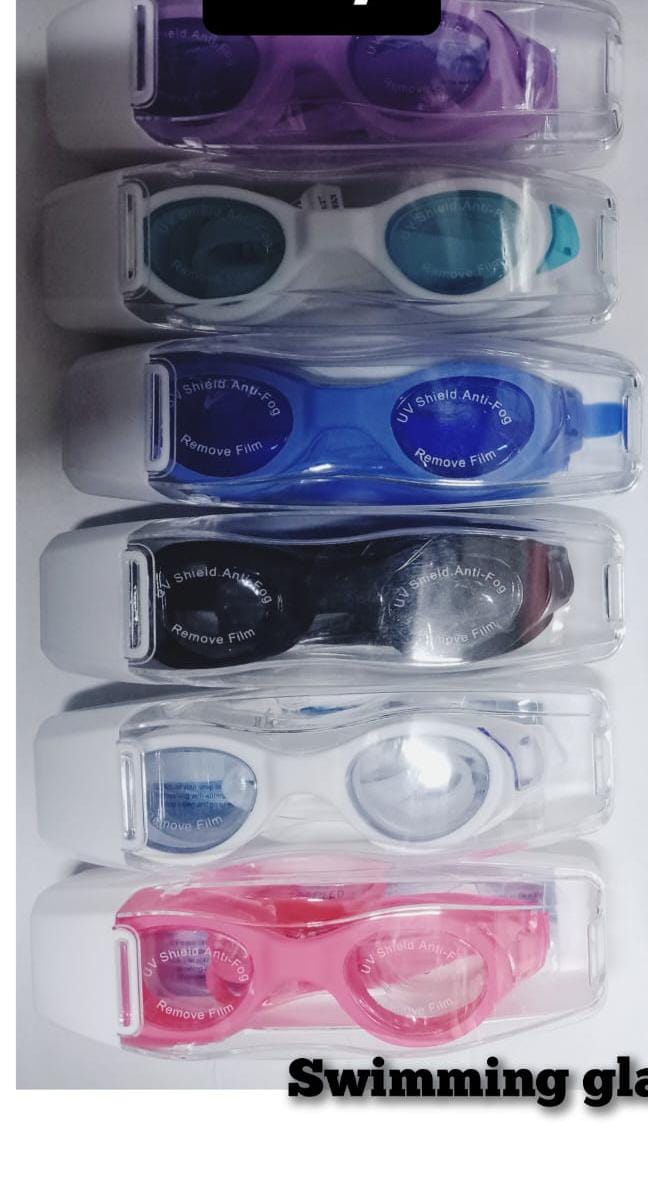swimming goggles which typically feature anti-fog and UV protection properties. 
Designed to be comfortable and easily adjustable.
Help reduce glare and protect eyes from pool water chemicals.
Each pa