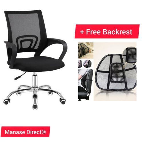 black mesh office chair that comes with a free backrest support cushion. 
The chair features an ergonomic design with a breathable mesh backrest to promote airflow. 
It includes a cushioned seat for c