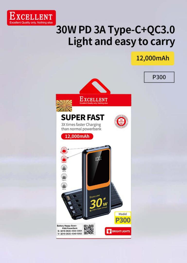 12,000mAh P300 30W super fast fast charging powerbank  with cables and torch and LED display.
