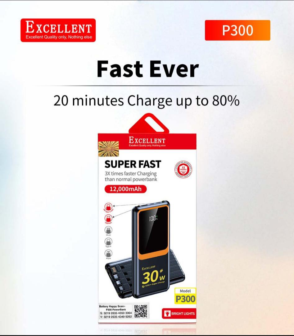 12,000mAh P300 30W super fast fast charging powerbank  with cables and torch and LED display.