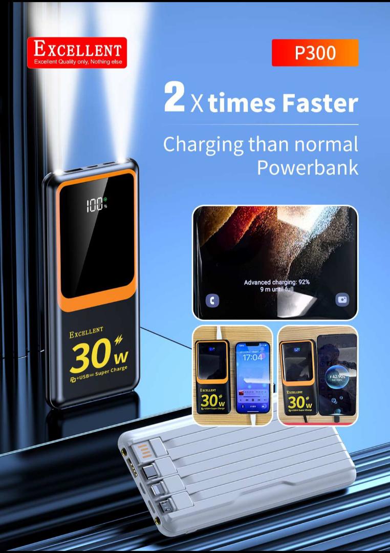12,000mAh P300 30W super fast fast charging powerbank  with cables and torch and LED display.
