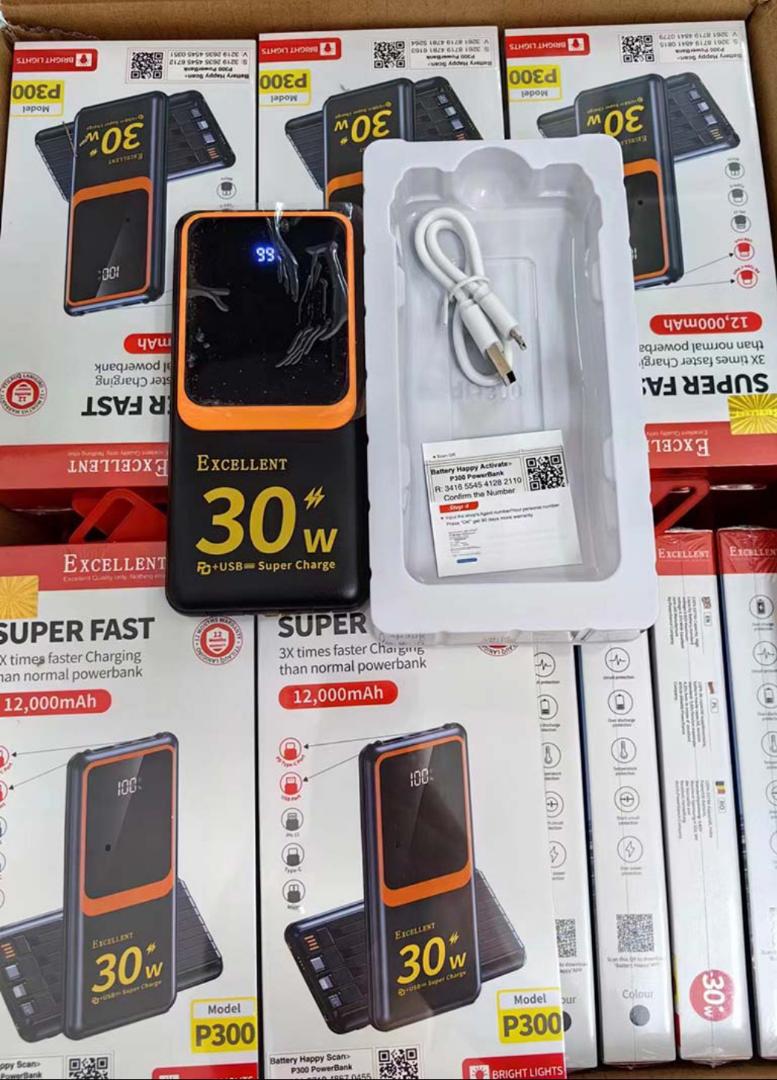 12,000mAh P300 30W super fast fast charging powerbank  with cables and torch and LED display.