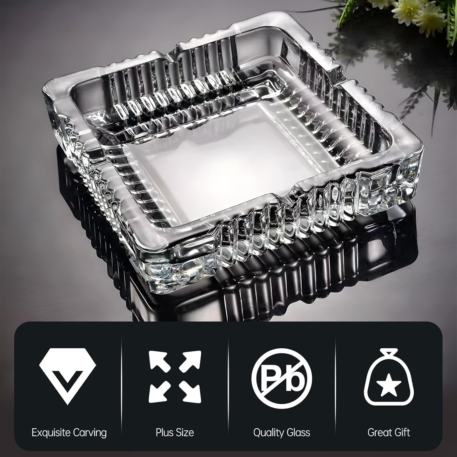 ASH TRAY SQUARE GLASS Premium Quality: This ashtray is made of high-quality materials that ensure durability and longevity. It is resistant to wear and tear, making it perfect for long-term use