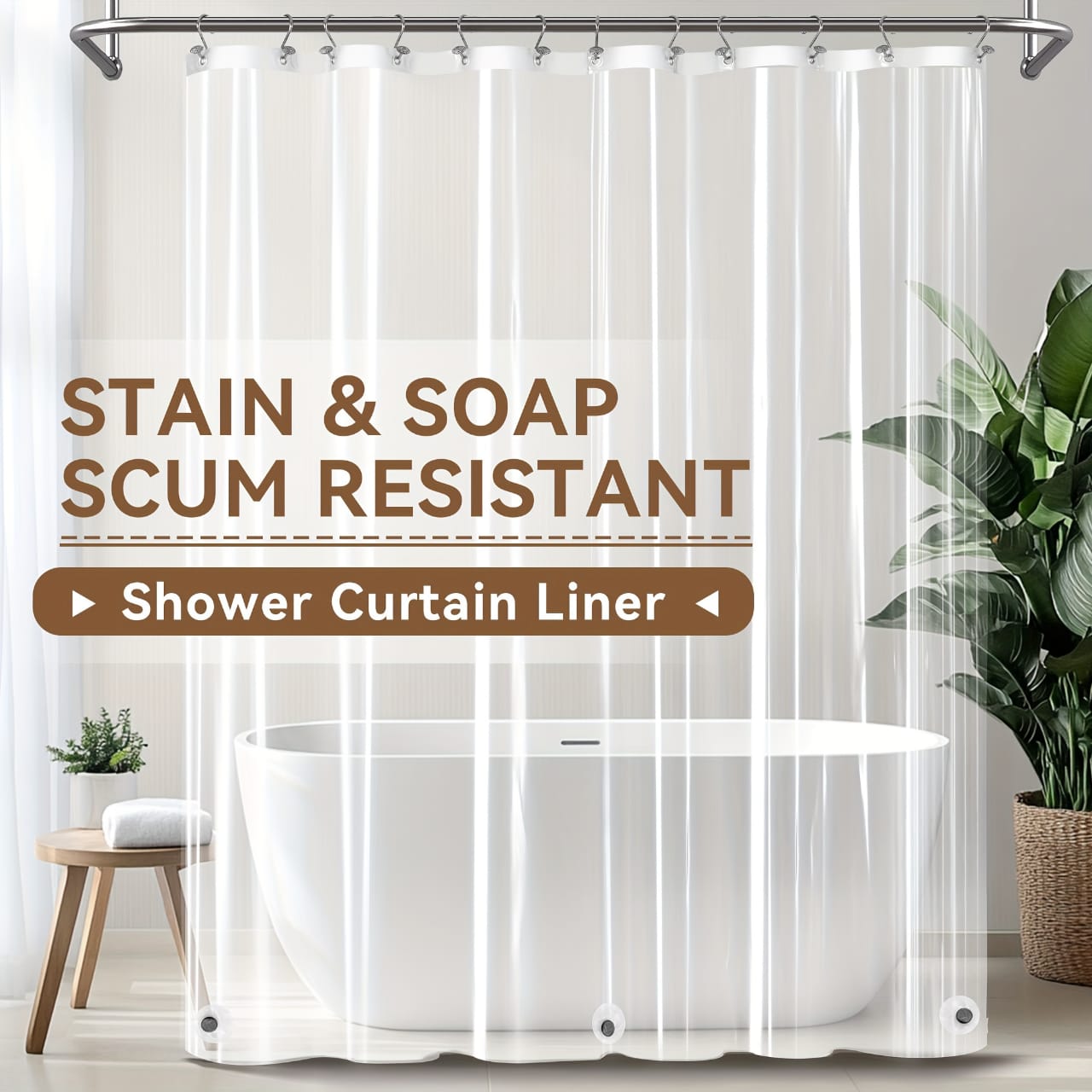 Waterproof PEVA Shower Curtain Liner Transparent Mildew Curtains Bath Decor with Curtain Hook Translucent Shower Curtain Liner with 3 Stones and 12 Grommet Holes, Weighted Plastic Shower Curtain Liner