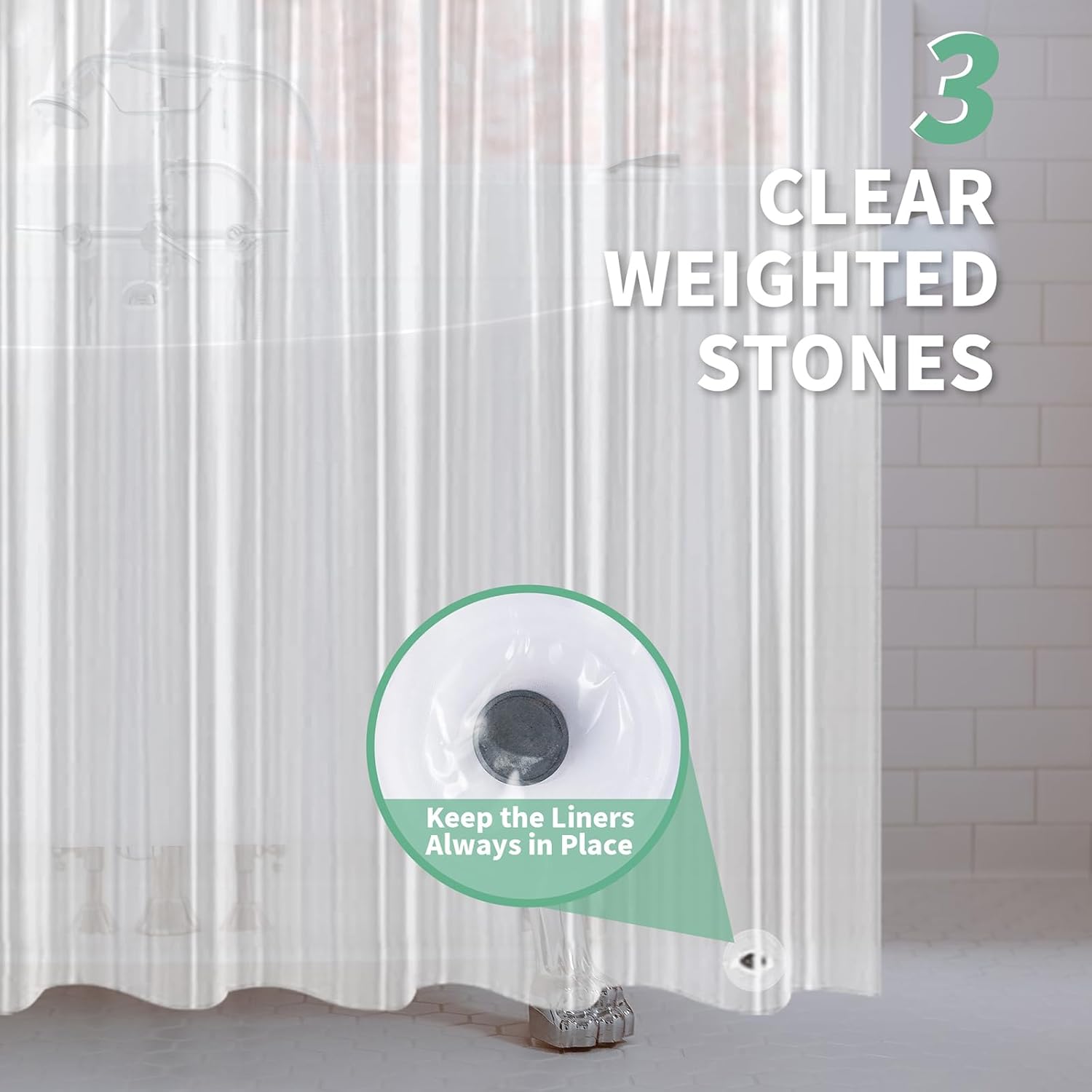 Waterproof PEVA Shower Curtain Liner Transparent Mildew Curtains Bath Decor with Curtain Hook Translucent Shower Curtain Liner with 3 Stones and 12 Grommet Holes, Weighted Plastic Shower Curtain Liner