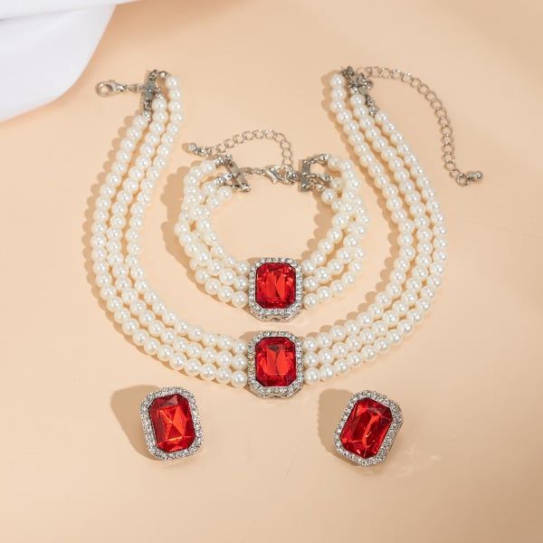 3Pcs/Set Multilayer Imitation Pearl Chain Necklace Bracelet for Women Wedding Bridal Goth Stud Earrings Jewelry Set Accessories