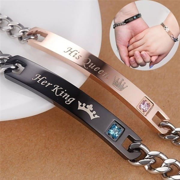 1pcs His Queen Her King Bracelet Titanium Wristband Couple Lover BraceletLover Crown Charm Brace