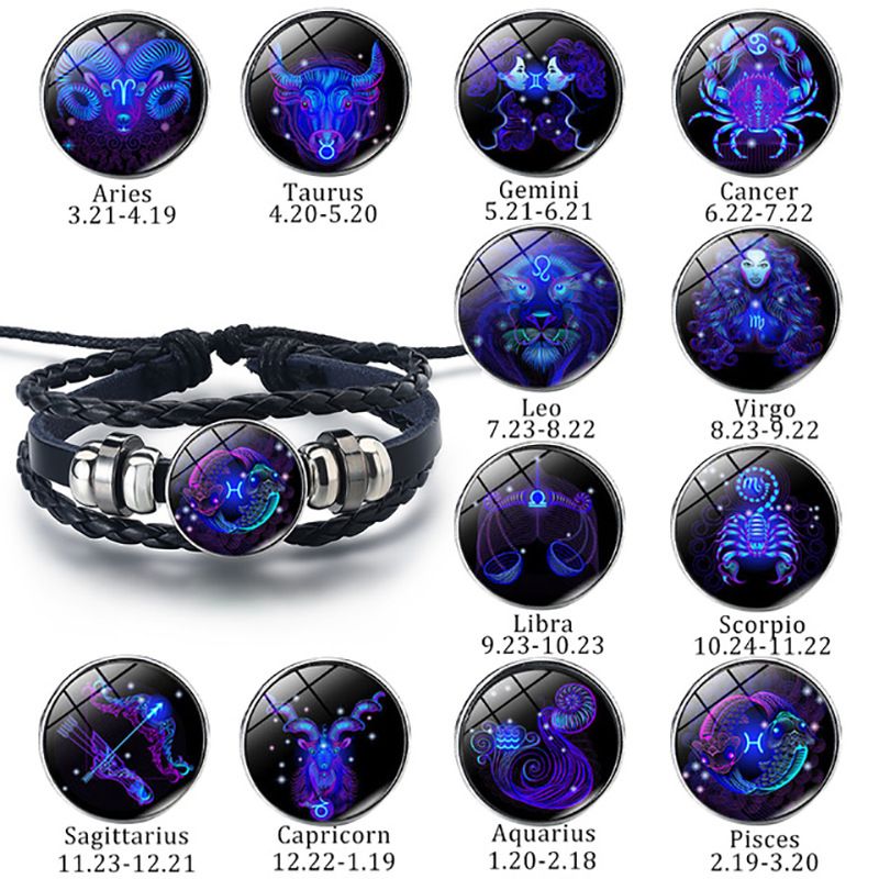 Fashion 12 Constellation Snap Bracelet Men Women Weaving Bead Diy Bracelets Leather Charm Couple bracelets & bangles