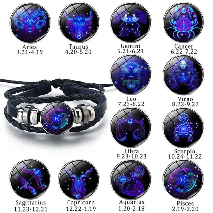 Fashion 12 Constellation Snap Bracelet Men Women Weaving Bead Diy Bracelets Leather Charm Couple bracelets & bangles