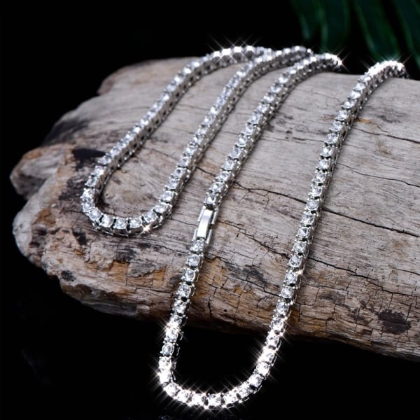 Punk Hiphop Rhinestone Tennis Chain Necklace Men Women Silver Color Iced Out Chain Link