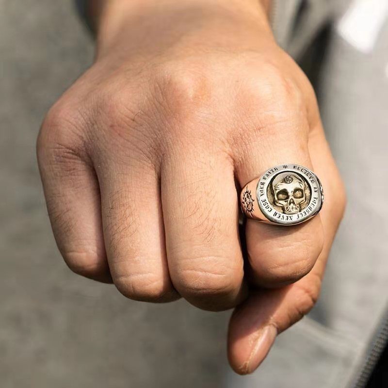 Punk Rock Gothic Skull Rune Metal Rings Personality Men's Bike Riding Hip Hop Cool Jewelry Halloween Accessories