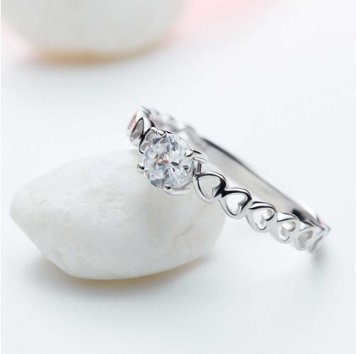 Silver Romantic Hollow Out Hearts Ring For Women Round Cubic Zirconia Ring Wedding Engagement Fine Jewelry