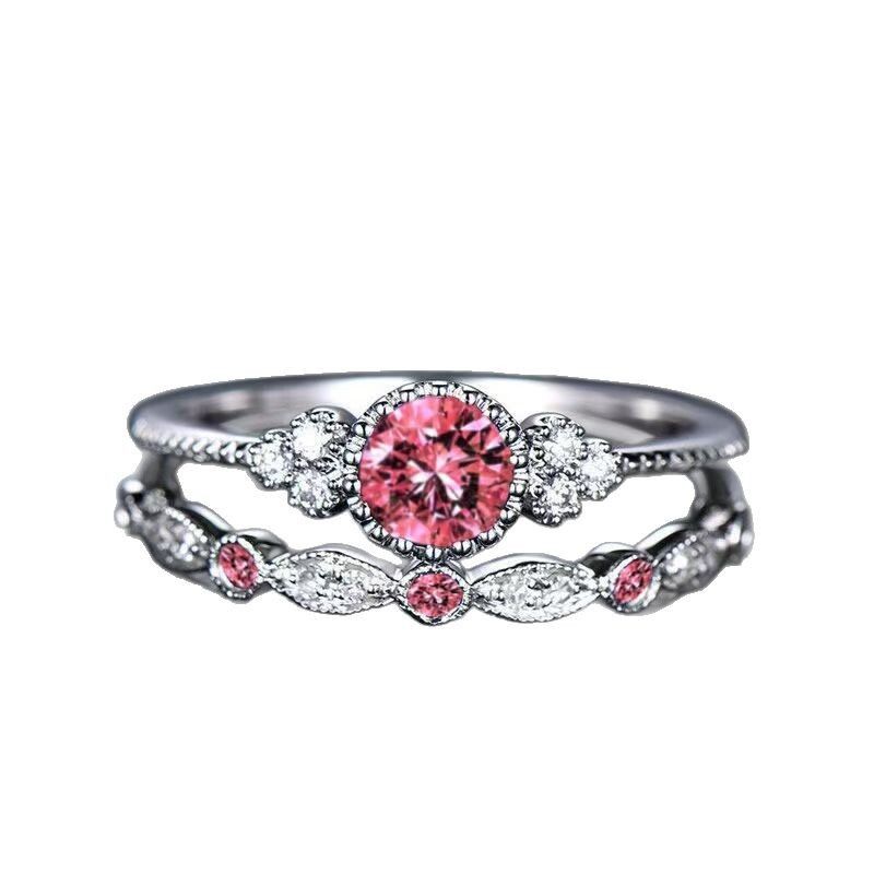 Silver Retro Pink Zircon Ring Women's Fashion Classic Wedding Pink Pattern Ring Jewelry Set