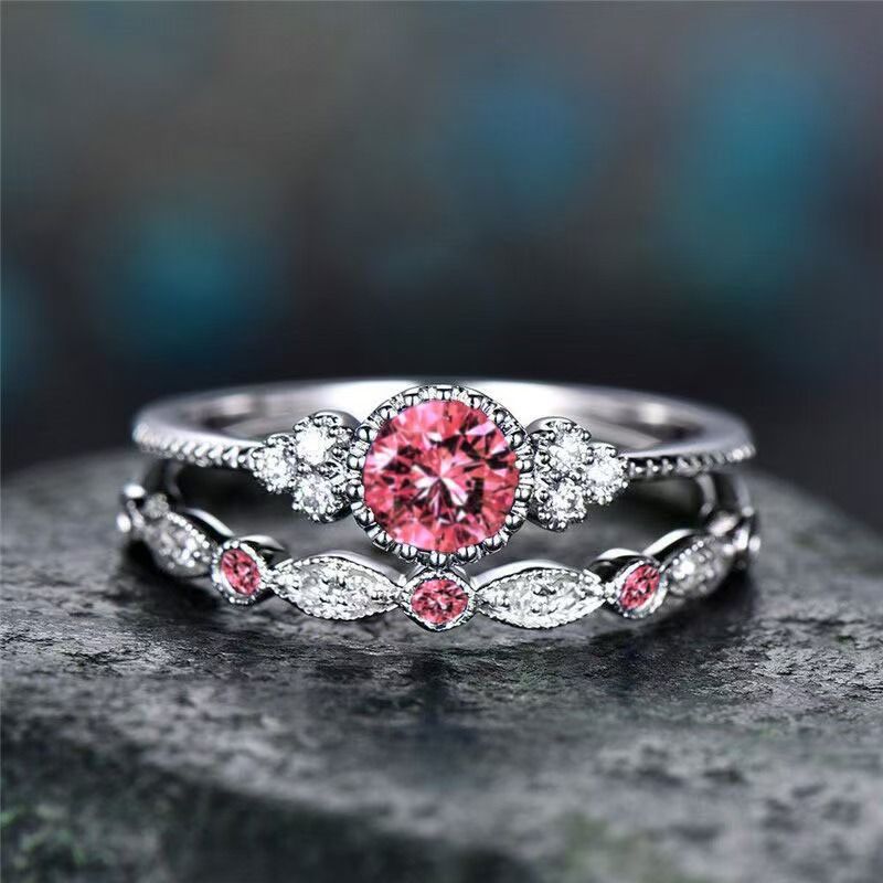 Silver Retro Pink Zircon Ring Women's Fashion Classic Wedding Pink Pattern Ring Jewelry Set