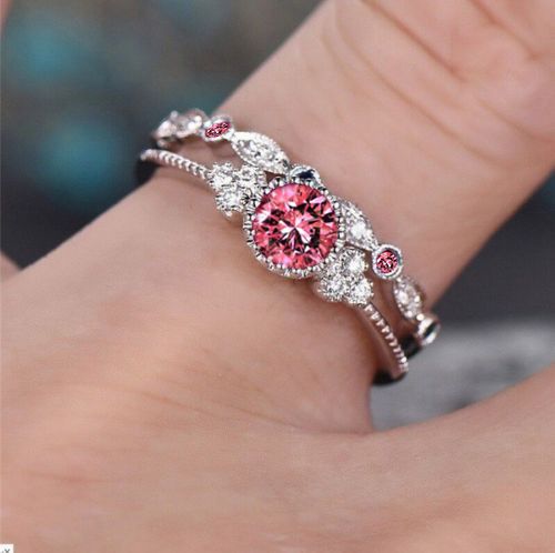 Silver Retro Pink Zircon Ring Women's Fashion Classic Wedding Pink Pattern Ring Jewelry Set
