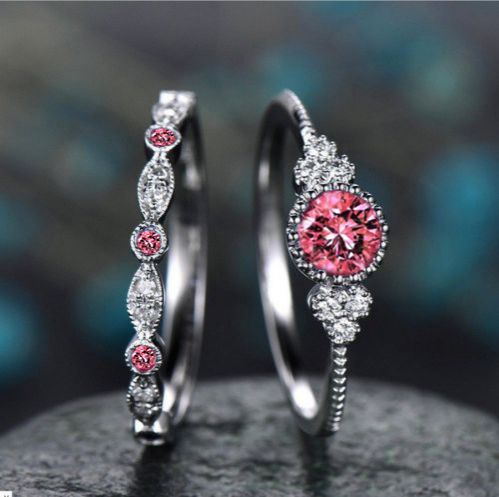 Silver Retro Pink Zircon Ring Women's Fashion Classic Wedding Pink Pattern Ring Jewelry Set