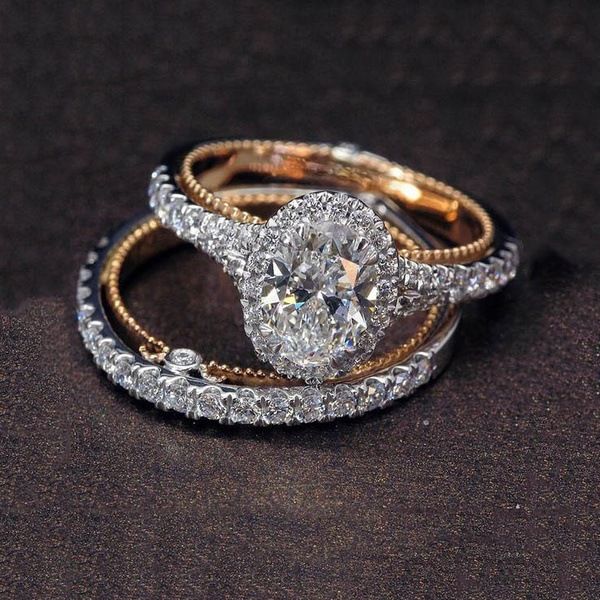 2Pcs/Set Large Cubic Zirconia Wedding Ring Set For Women Rose Gold Color Crystal Lady Elegant Engagement Luxury Ring Jewelry Party