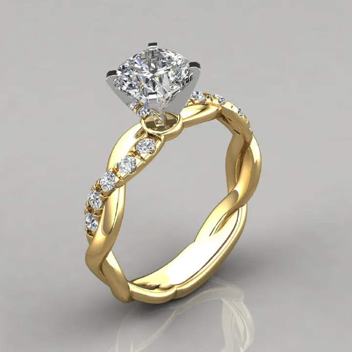 Women's Golden Twisted Ring 4-Claw Round Zirconia Elegant Wedding Ring Romantic Gift Fashion Jewelry