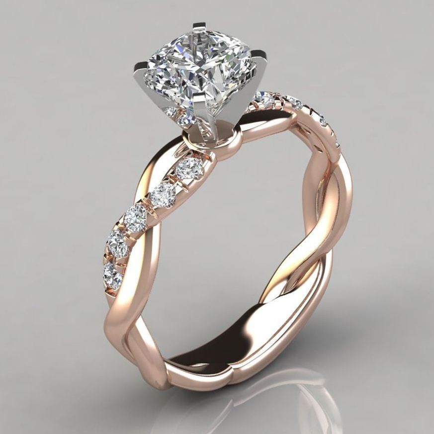 Women's Golden Twisted Ring 4-Claw Round Zirconia Elegant Wedding Ring Romantic Gift Fashion Jewelry