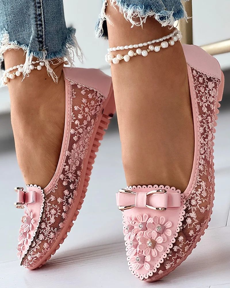 Summer Breathable Solid Color Vulcanized Shoes Floral Embroidery Bowknot Loafers Women Non-slip Flower Sneakers