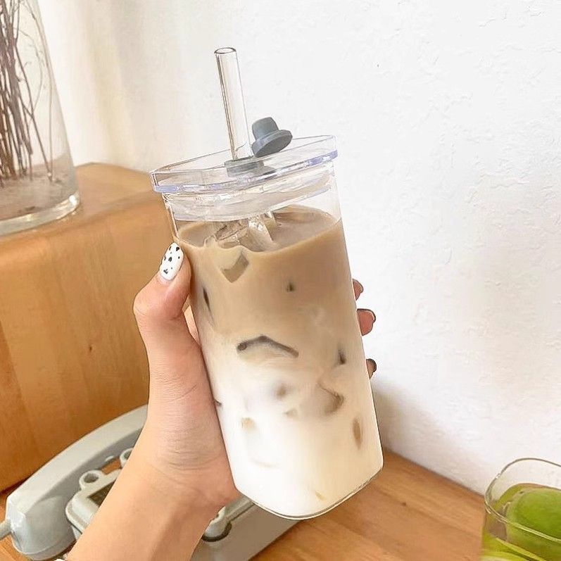 1 square heat-resistant glass cup with lid and straw, transparent milk tea and juice cup, home bar beverage cup