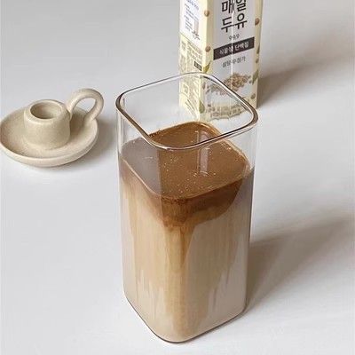 1 square heat-resistant glass cup with lid and straw, transparent milk tea and juice cup, home bar beverage cup