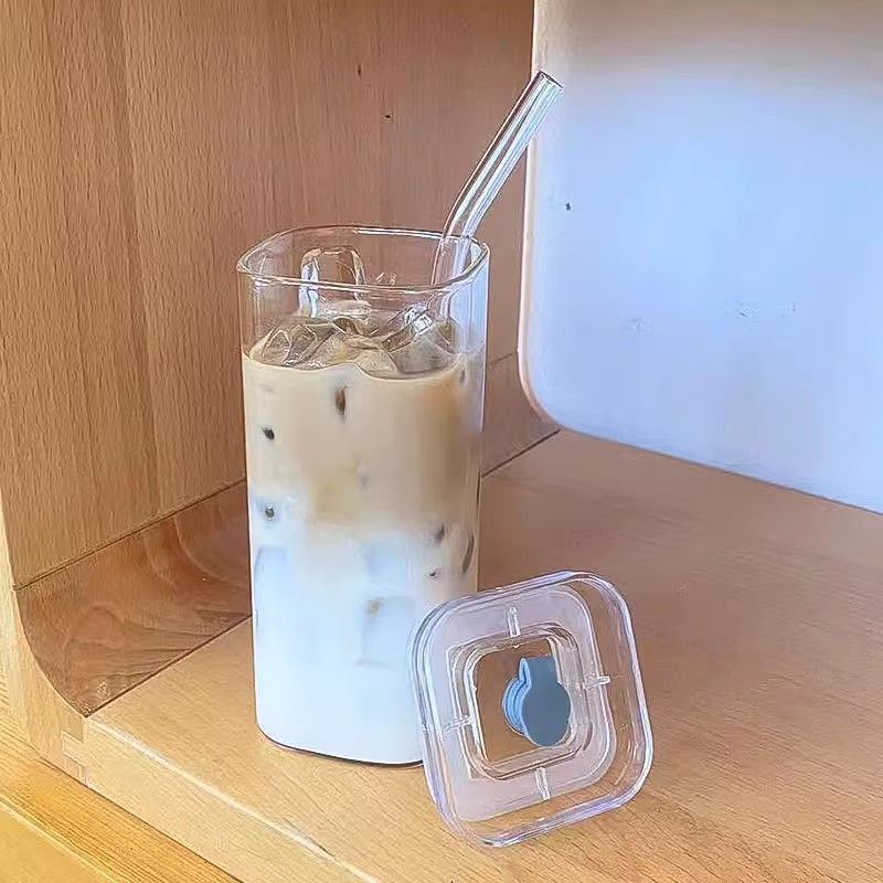 1 square heat-resistant glass cup with lid and straw, transparent milk tea and juice cup, home bar beverage cup