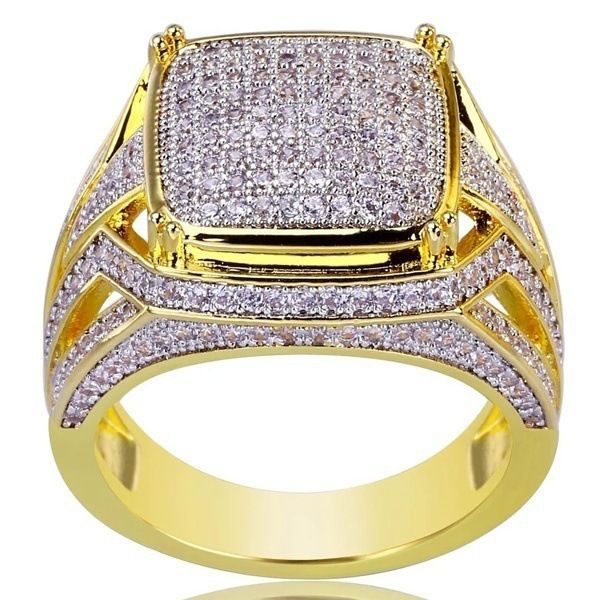 Golden all crystal geometric men's ring for business, parties, weddings, and hand jewelry accessories
