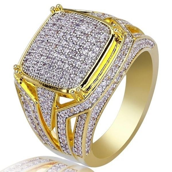 Golden all crystal geometric men's ring for business, parties, weddings, and hand jewelry accessories