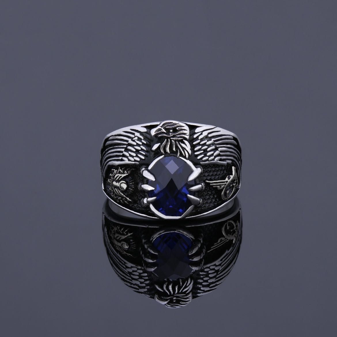 Vintage men's silver plated eagle head ring, domineering punk style trendy ring