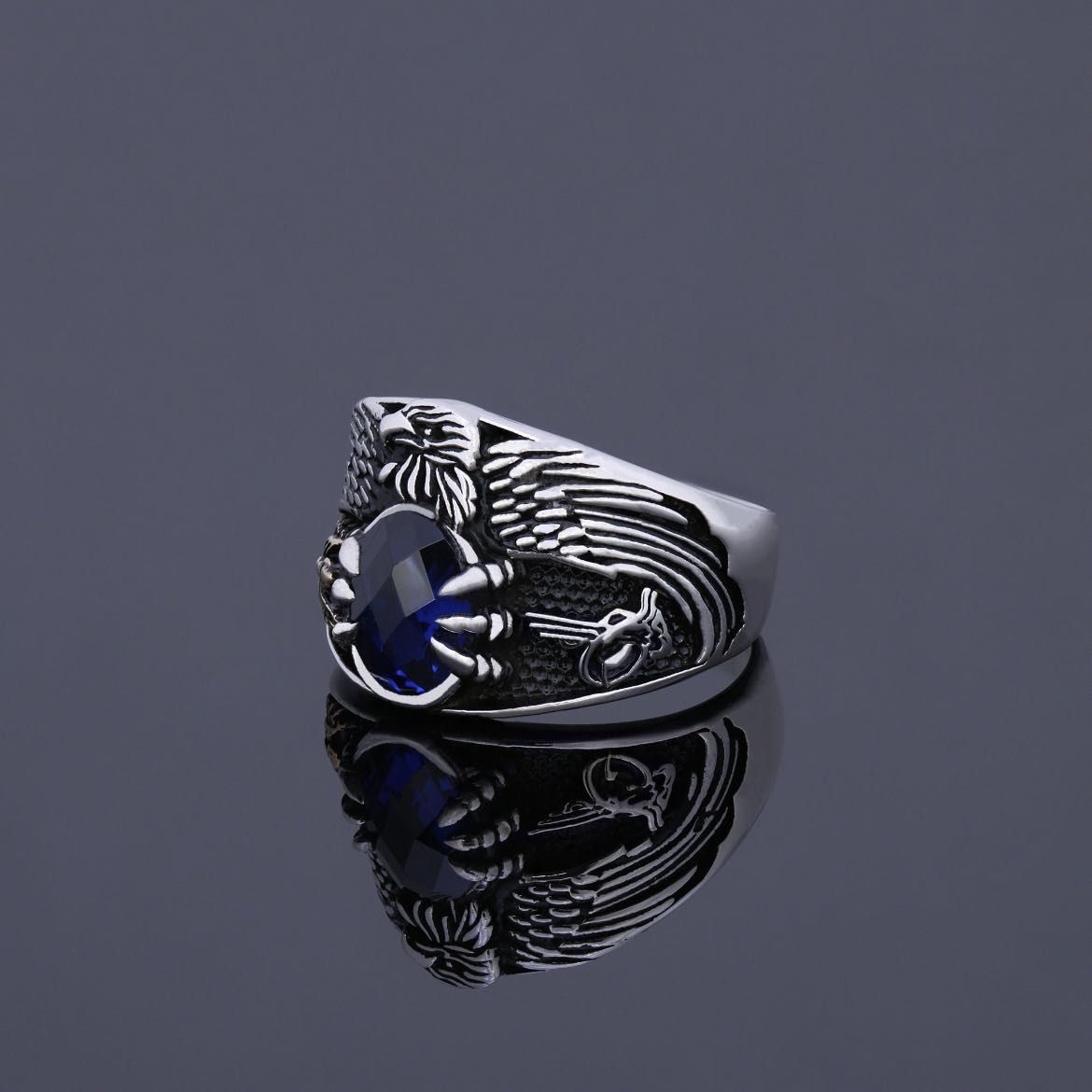 Vintage men's silver plated eagle head ring, domineering punk style trendy ring