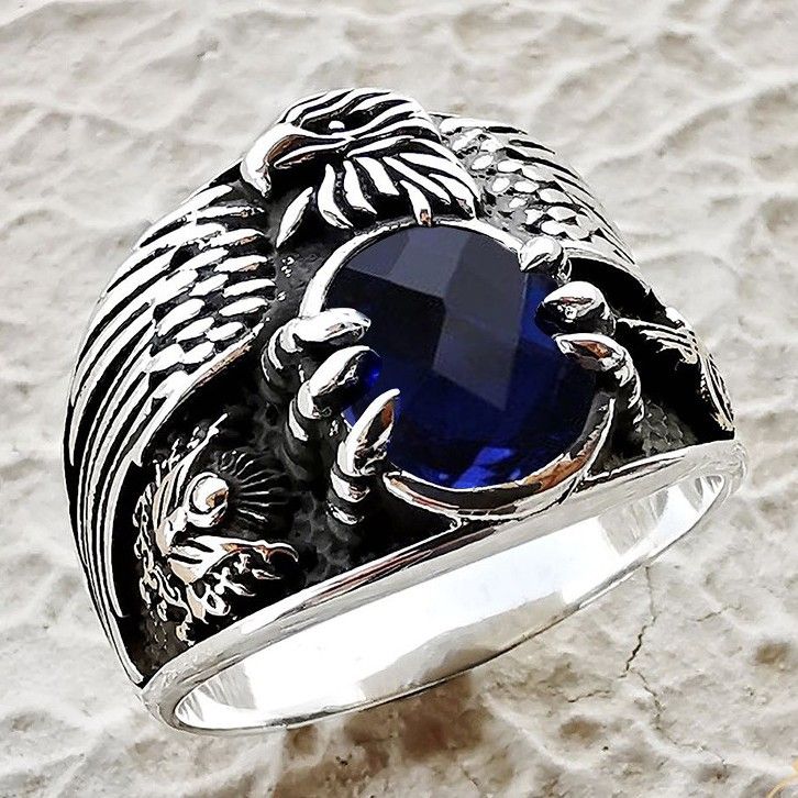 Vintage men's silver plated eagle head ring, domineering punk style trendy ring