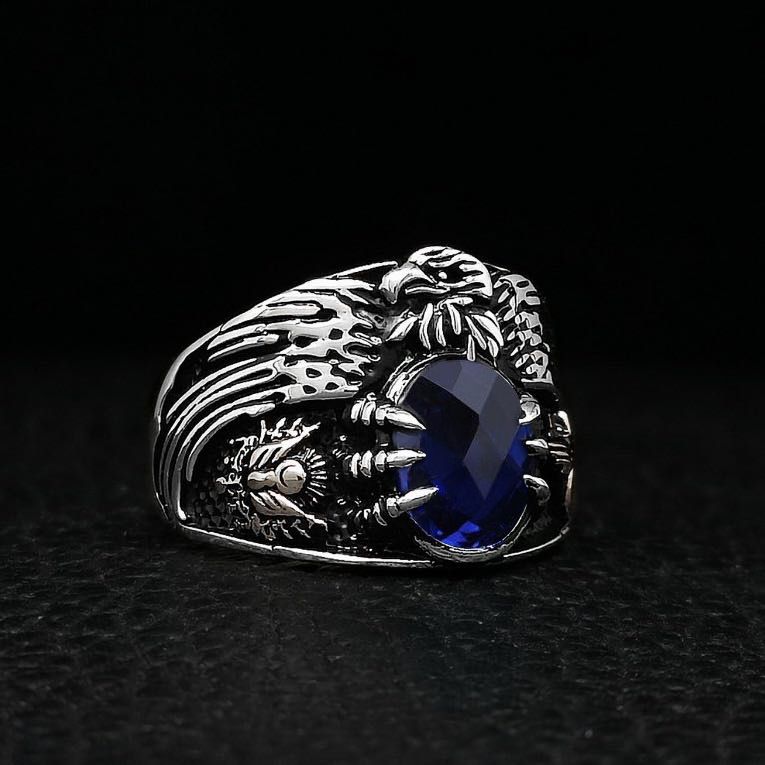 Vintage men's silver plated eagle head ring, domineering punk style trendy ring