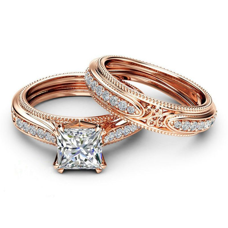 2Pcs/Ladies Rose Gold Zircon Ring Engagement Wedding Jewelry