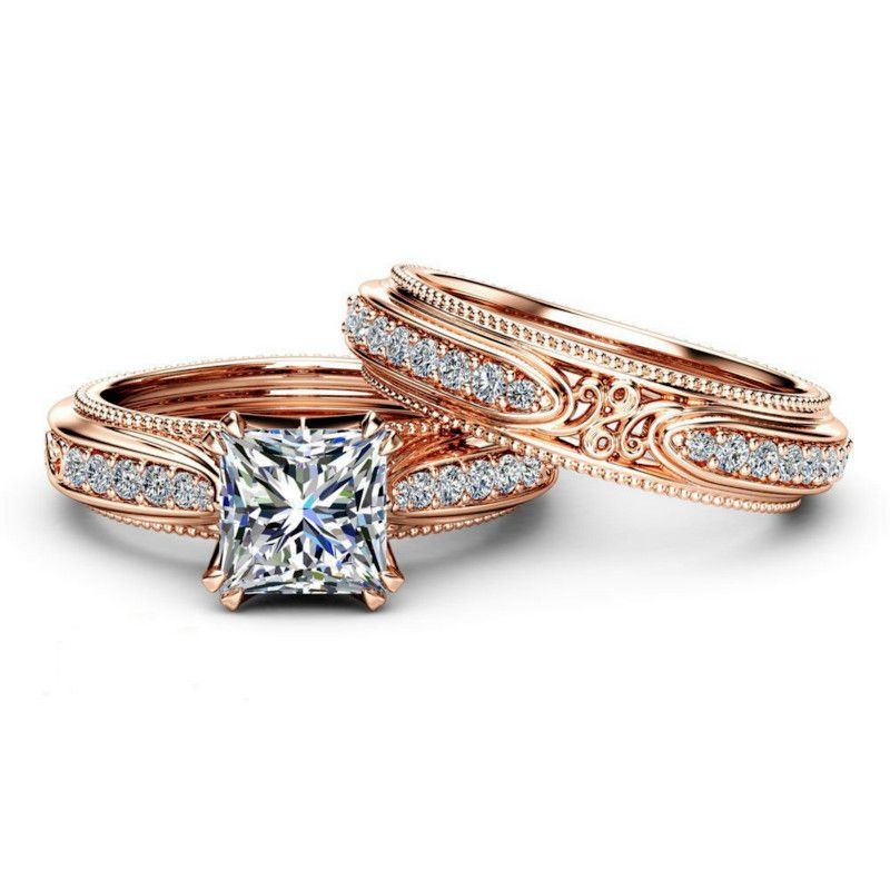 2Pcs/Ladies Rose Gold Zircon Ring Engagement Wedding Jewelry