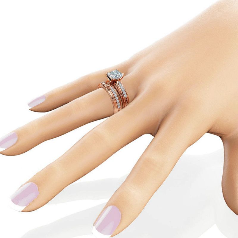 2Pcs/Ladies Rose Gold Zircon Ring Engagement Wedding Jewelry