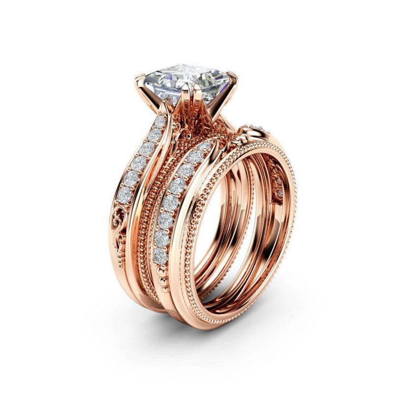 2Pcs/Ladies Rose Gold Zircon Ring Engagement Wedding Jewelry