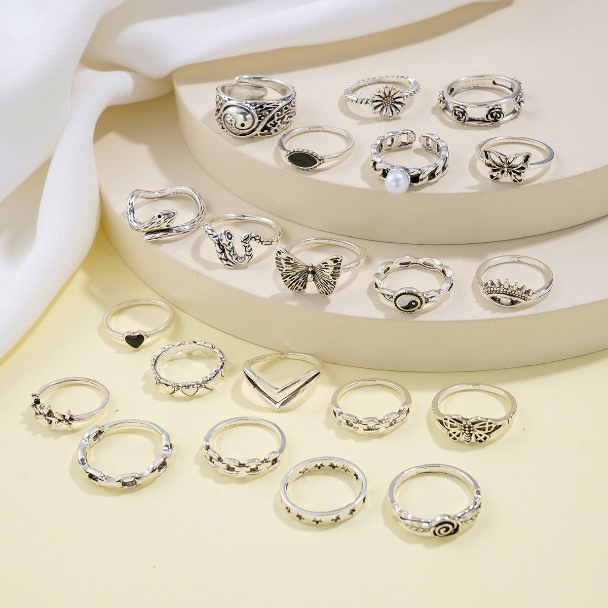 21pcs Set Punk Style Butterfly Heart And Tai Chi Design Multi-element Snake Rings Set