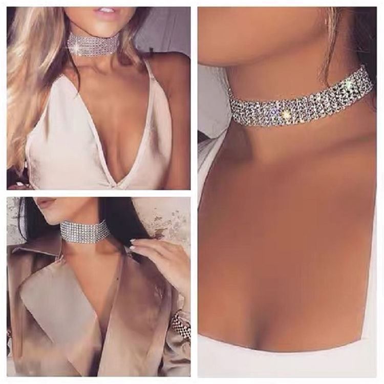 Fashion Style Women Bundle Neck Element Diamante Necklace Jewelry Punk Hip Hop Choker Inlay Rhinestone Collar